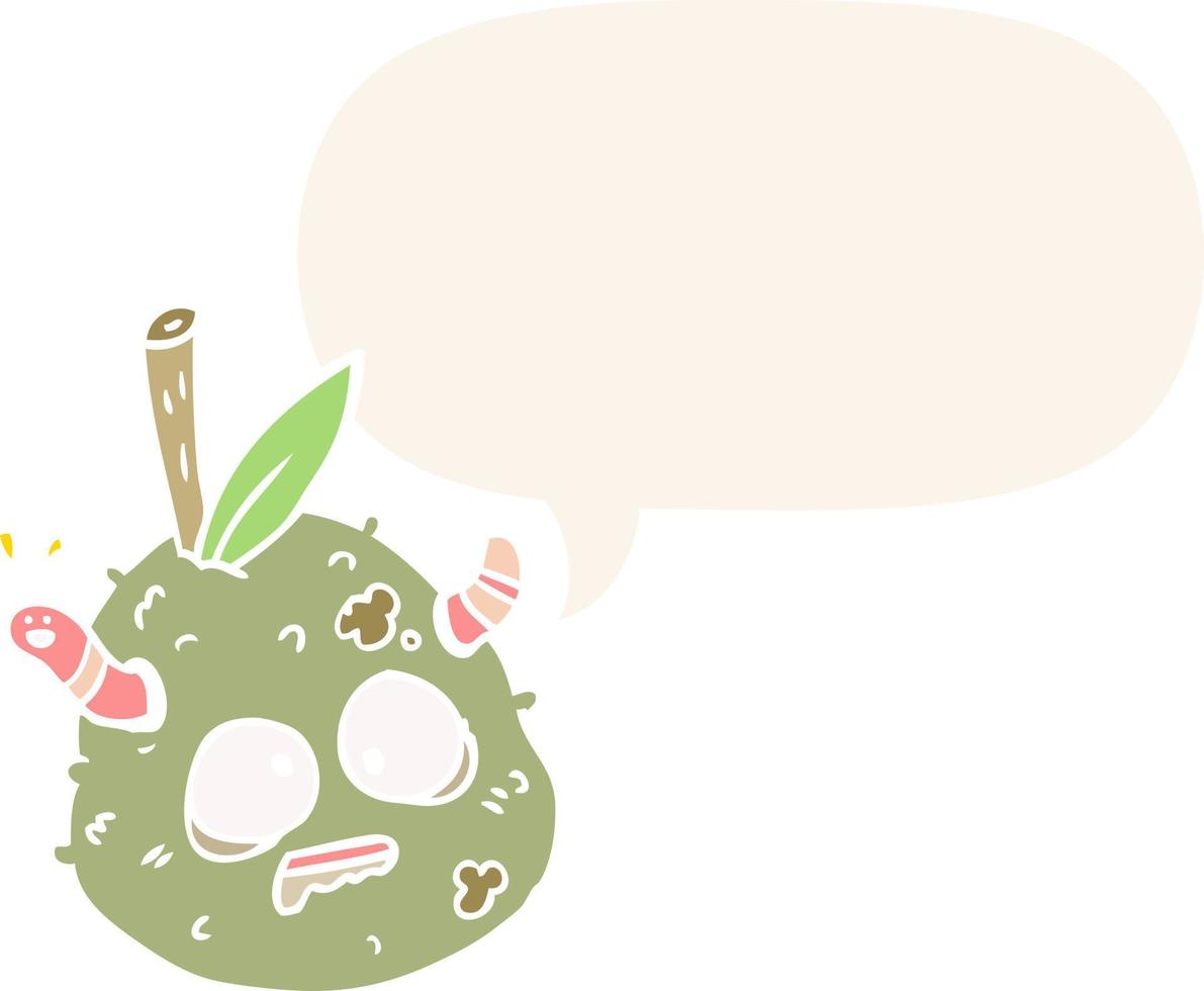 cartoon rotting old pear and worm and speech bubble in retro style vector