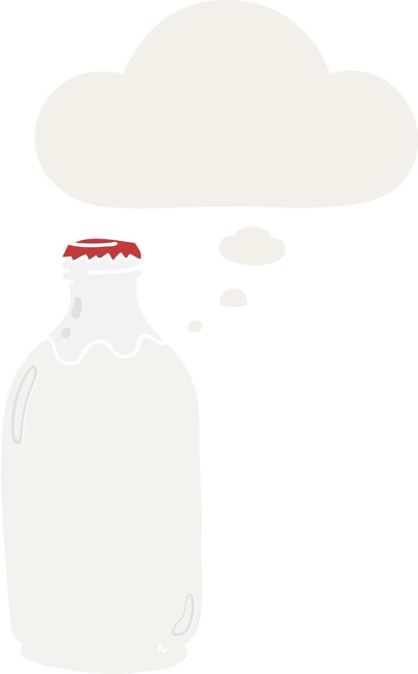 botella de leche de dibujos animados y burbuja de pensamiento en estilo retro vector