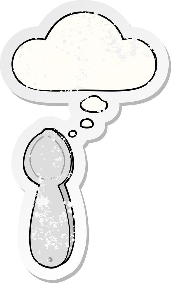 cartoon spoon and thought bubble as a distressed worn sticker vector