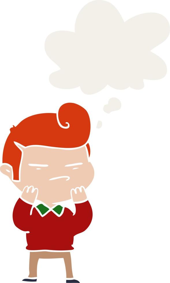 cartoon cool guy with fashion hair cut and thought bubble in retro style vector