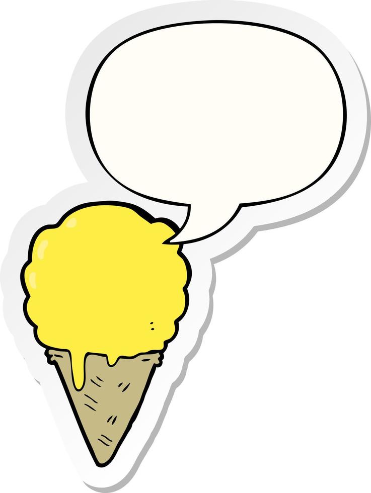 helado de dibujos animados y etiqueta engomada de la burbuja del discurso vector