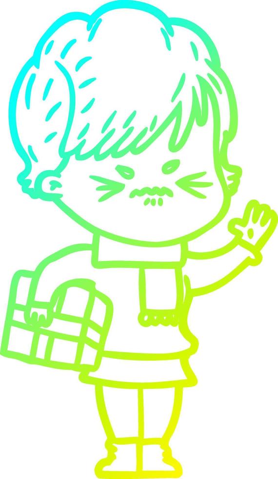 cold gradient line drawing cartoon frustrated woman vector