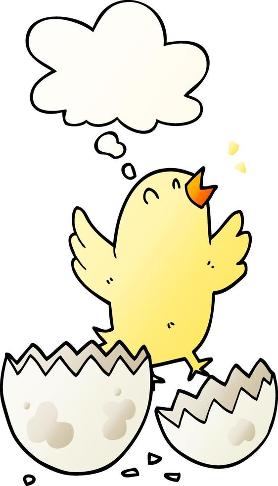 cartoon bird hatching from egg and thought bubble in smooth gradient style vector