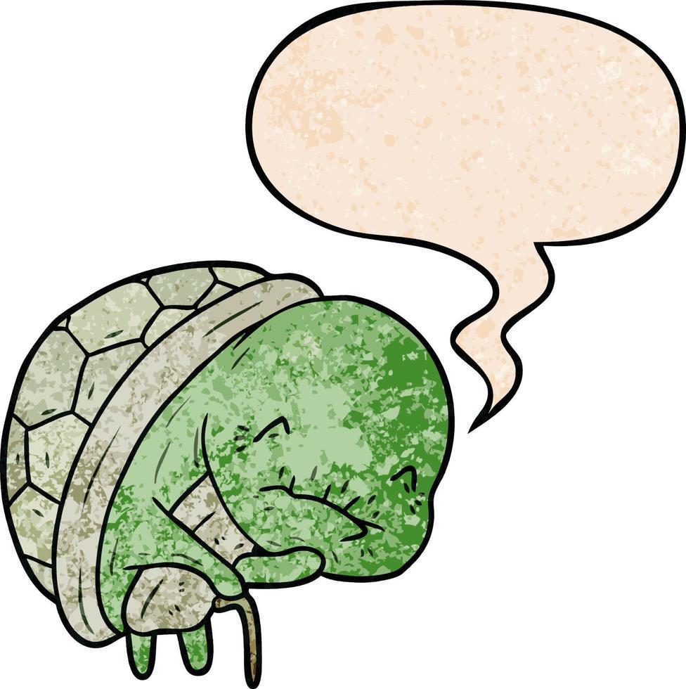 cute cartoon old turtle and walking stick and speech bubble in retro texture style vector