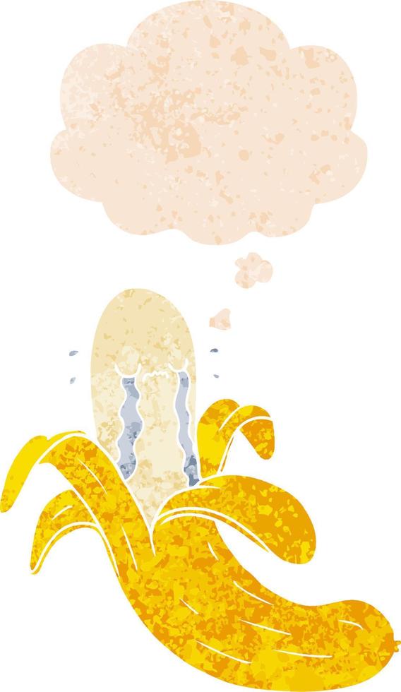 cartoon crying banana and thought bubble in retro textured style vector