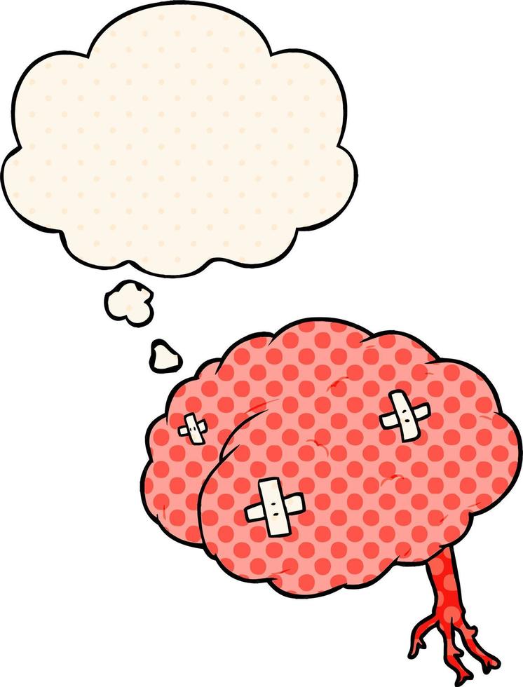 cartoon injured brain and thought bubble in comic book style vector