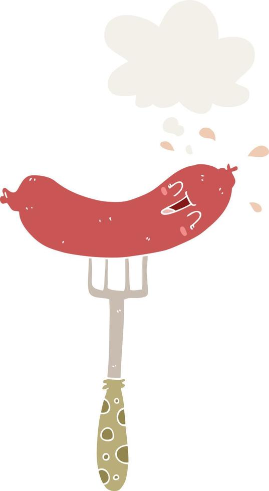 cartoon happy sausage on fork and thought bubble in retro style vector