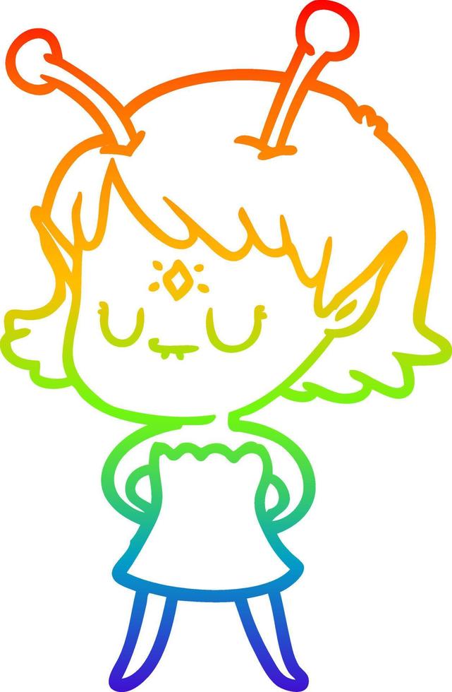 rainbow gradient line drawing cartoon alien girl vector