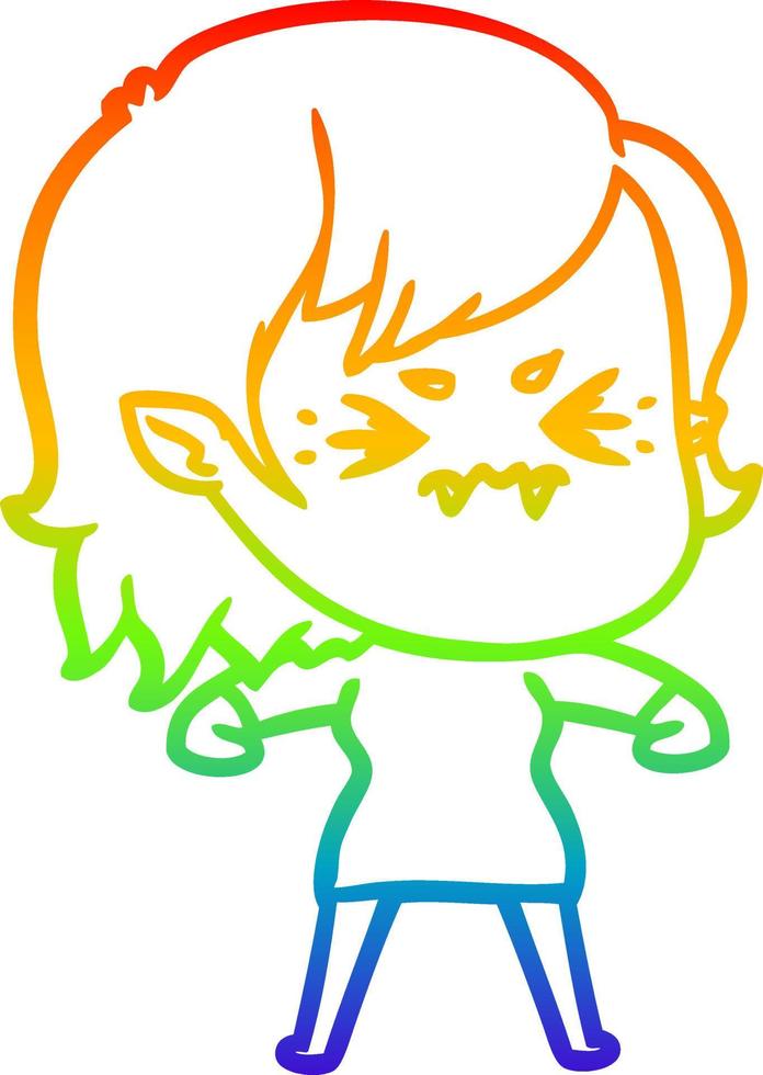 rainbow gradient line drawing annoyed cartoon vampire girl vector