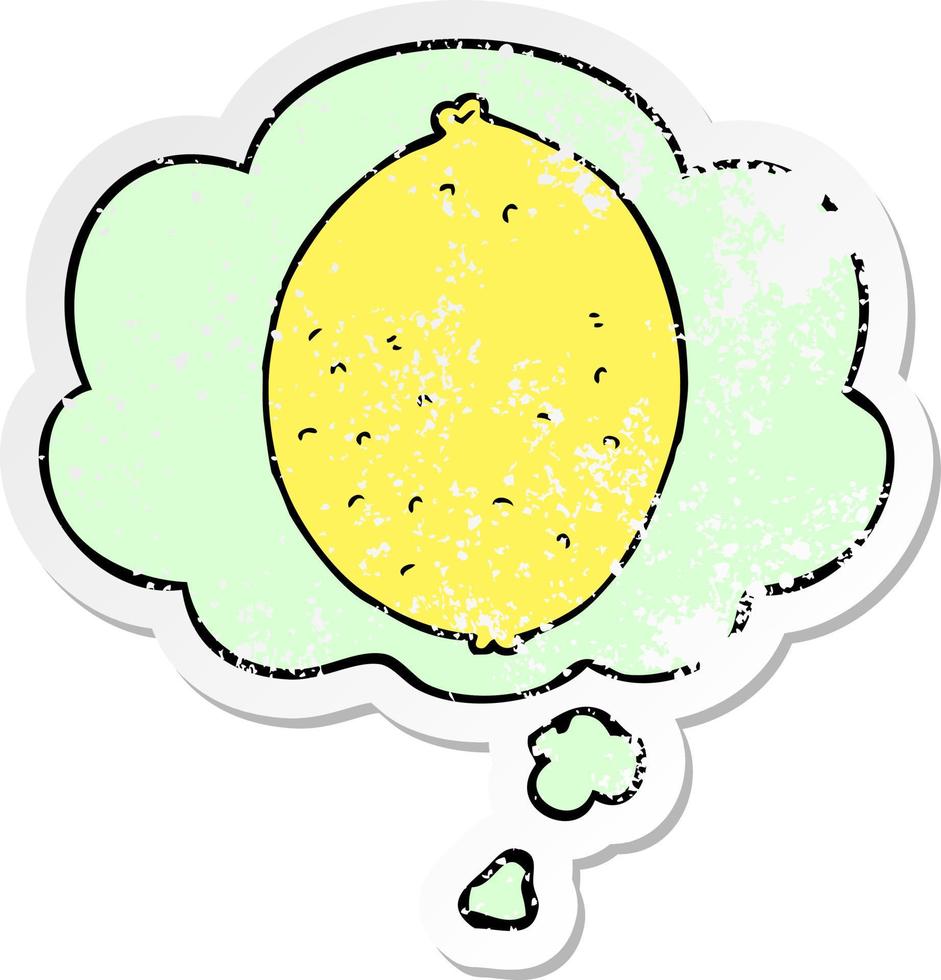 cartoon lemon and thought bubble as a distressed worn sticker vector