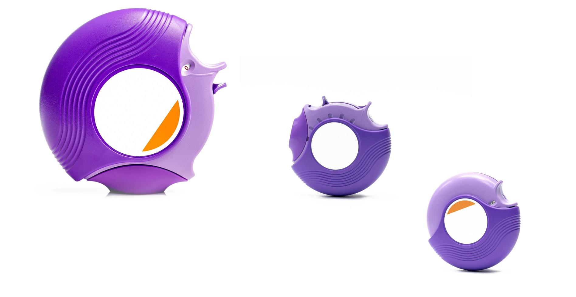 Three asthma accuhaler isolated on white background with copy space. Asthma inhaler for treatment asthma, Asthma controller. Steroid and bronchodilator medicine in purple accuhaler photo