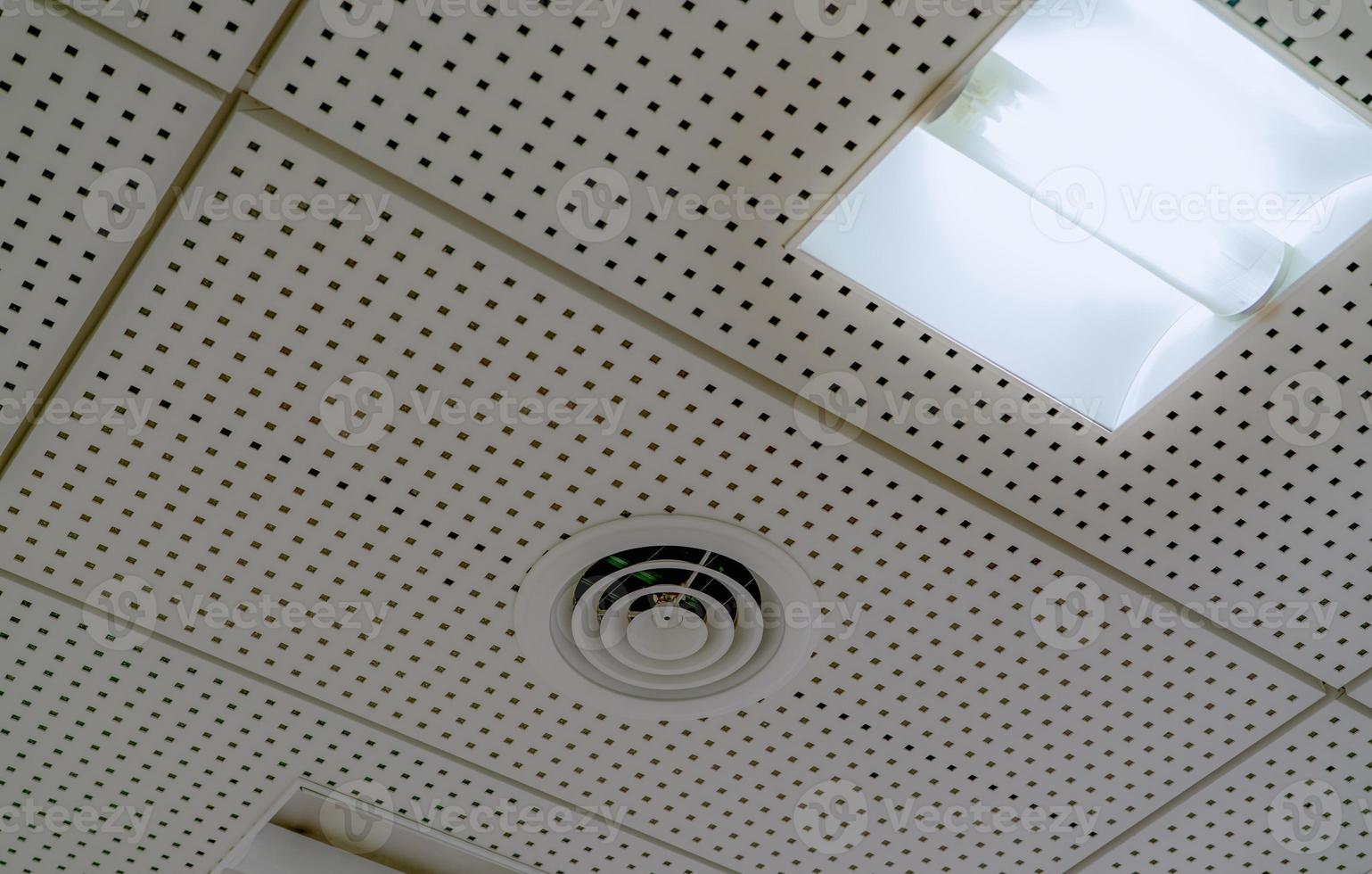 Air conditioner. Air duct and ceiling lamp light mount on ceiling of hospital, hotel, or office building. Cool system in the building. Air flow and ventilation system. AHU air conditioning system. photo