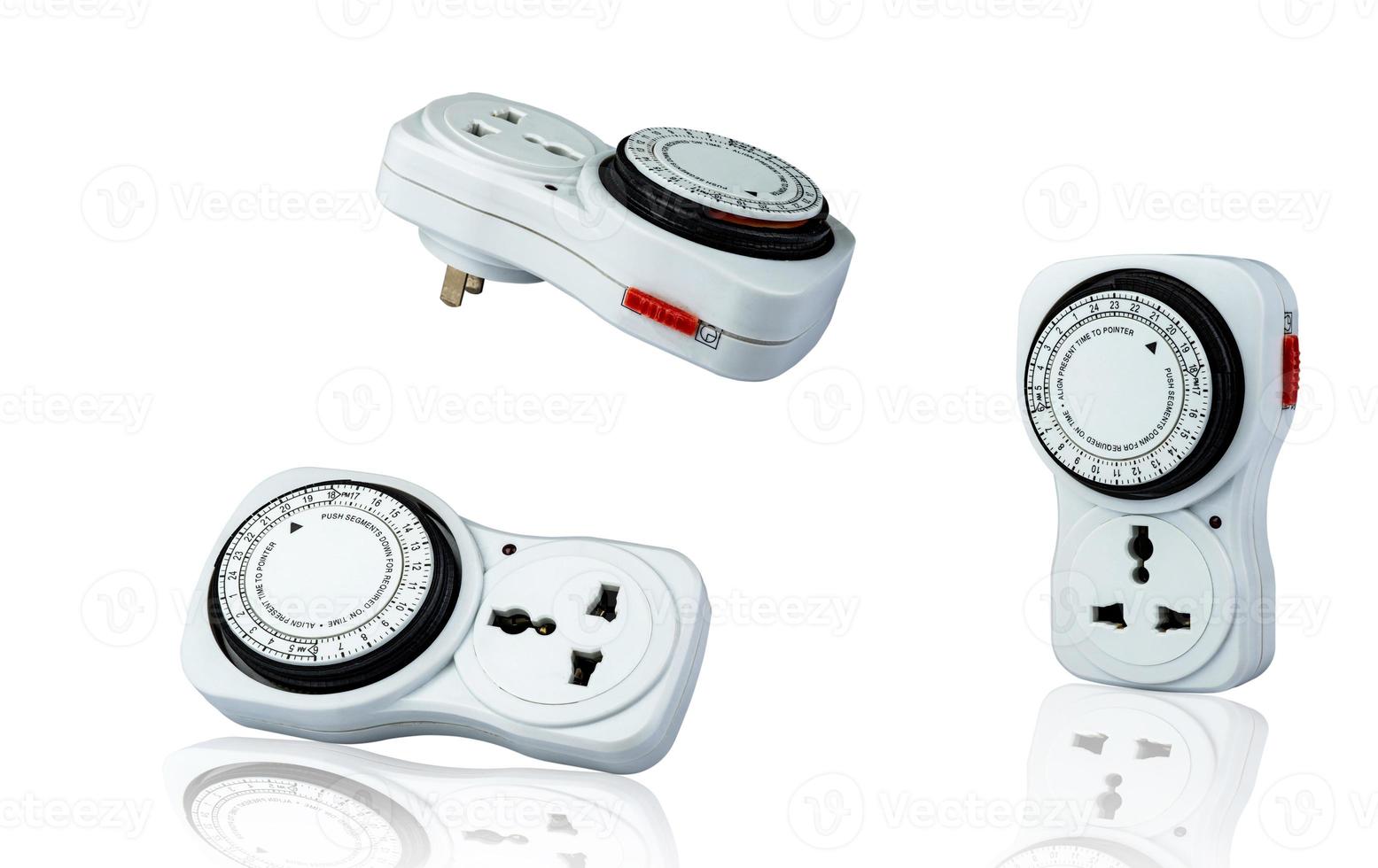 Plug-in timer mechanical 24 hour. Indoor home tools. Plug-in timer socket set isolated on white background. Mechanical outlet timer. Home security supply. Smart home tools. Mechanical timer switch. photo