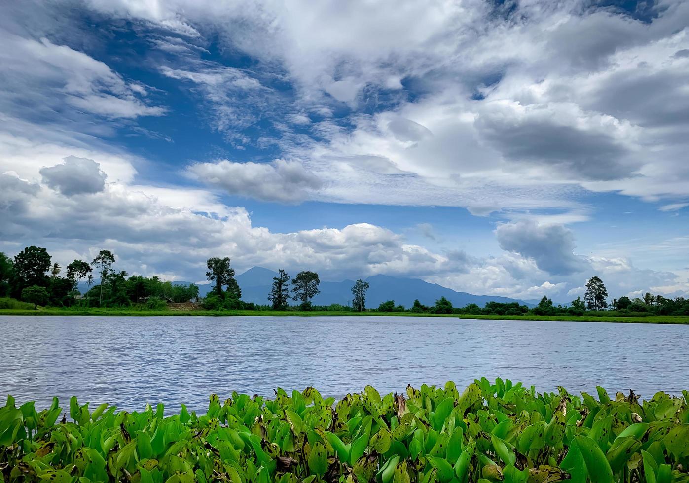 Beautiful landscape view of lake in front of the mountain with blue sky and white cumulus clouds. Green tree and grass field around pond. Tropical weather in summer. Nature landscape. Fresh air. photo