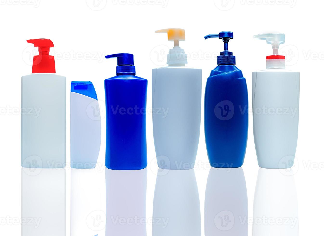 Shampoo and hair conditioner plastic bottle and dispenser pump. Cosmetic bottle isolated. Body soap and shower gel packaging. Liquid soap bottle. Body lotion container. Body care and beauty products. photo