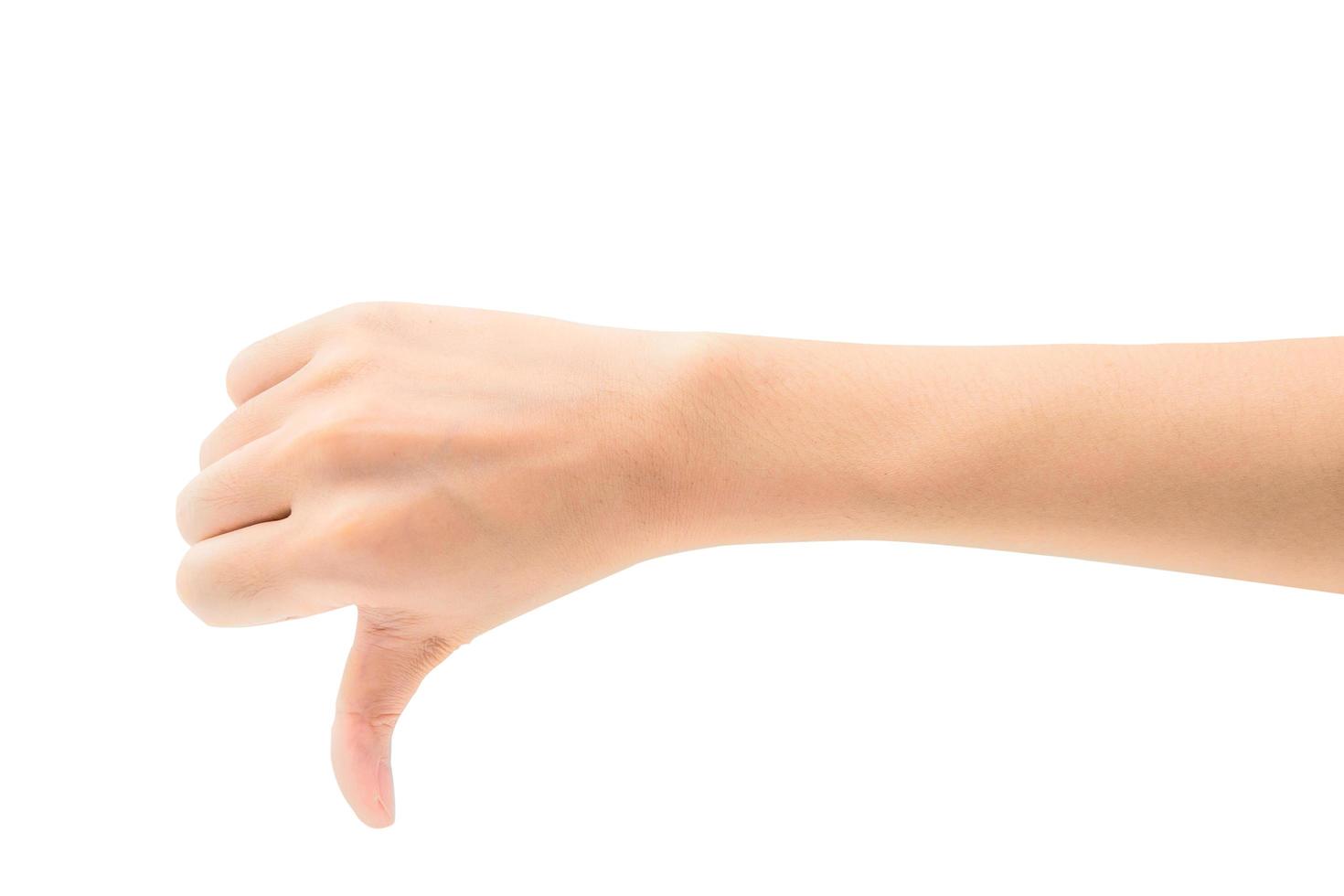 Woman hand show thump down isoalted on white background with clipping path photo