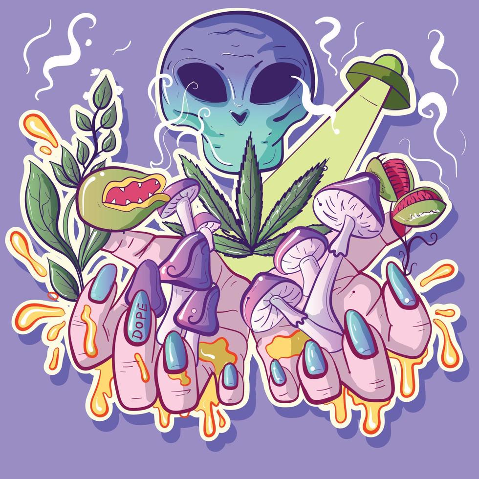 ilustraciones de garabatos con elementos psicodélicos y trippy como hongos, extraterrestres, ovnis y marihuana. manos sosteniendo lsd y alucinaciones. vector de pegatina con elementos funky y surrealistas.