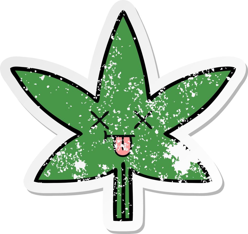 pegatina angustiada de una linda hoja de marihuana de dibujos animados vector