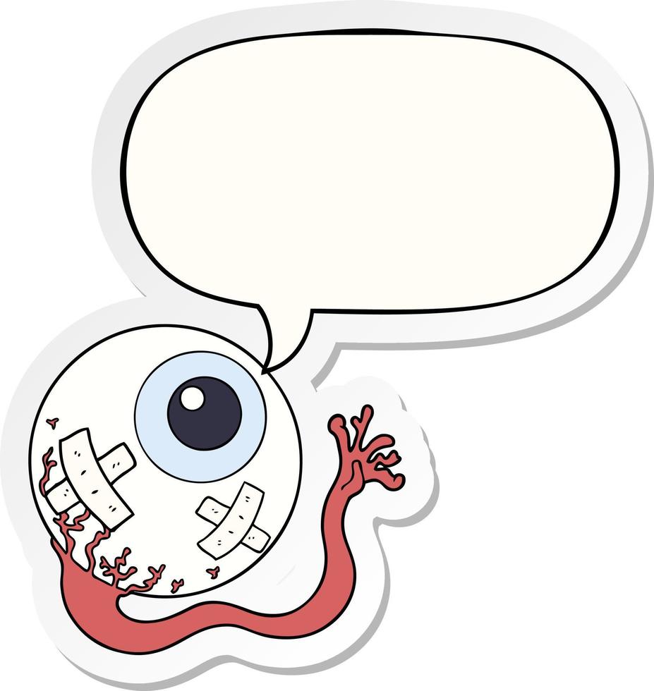 cartoon injured eyeball and speech bubble sticker vector