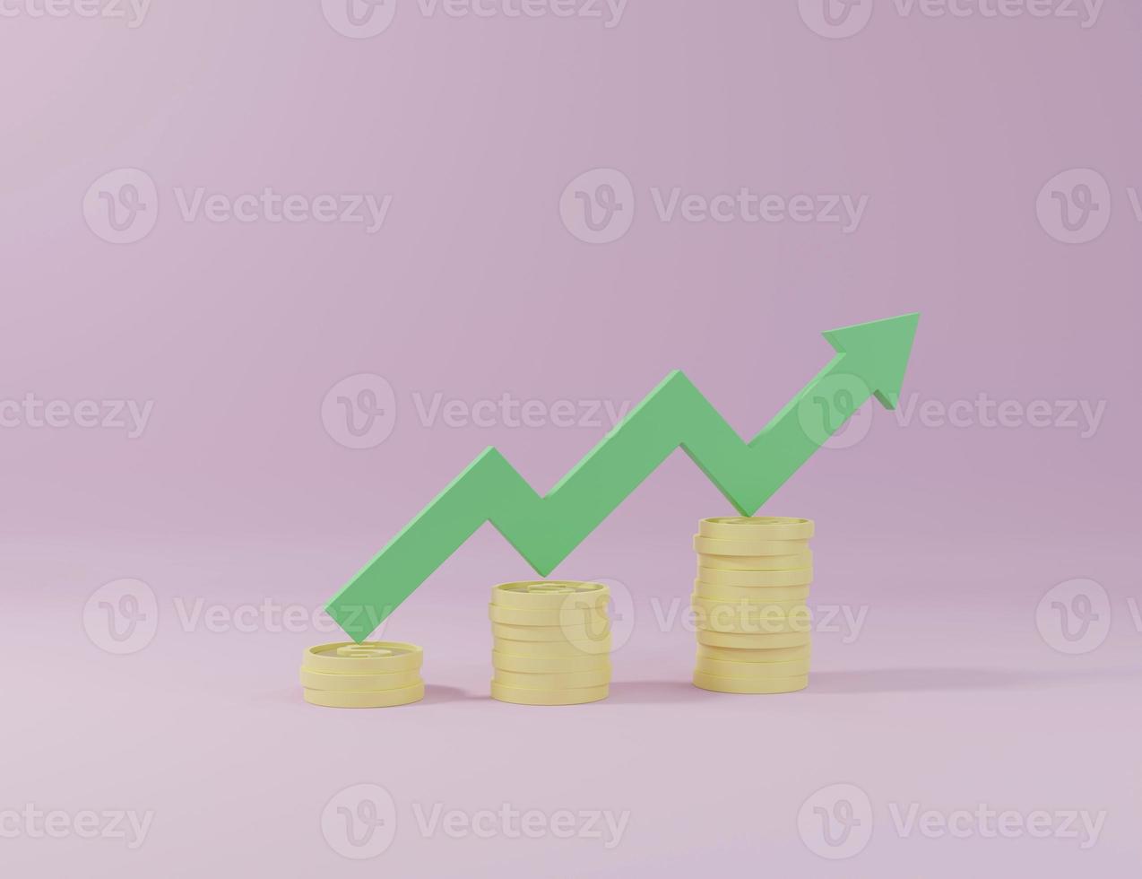 Green up arrow and coin stacks on pink background 3D render illustration photo