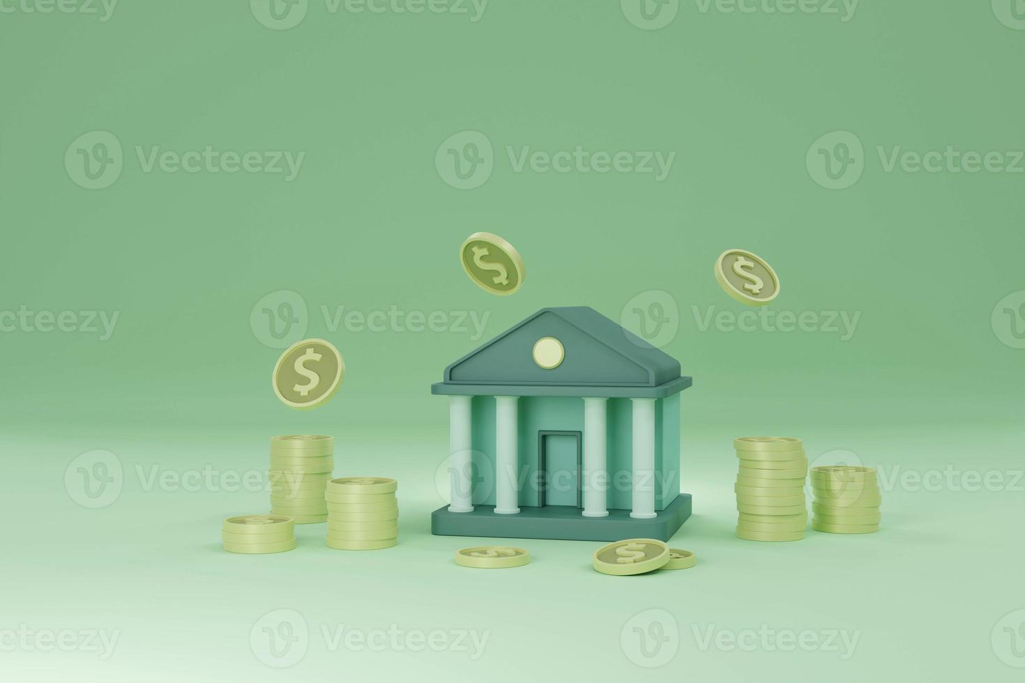 Minimal bank service with coins on green background 3D render illustration photo