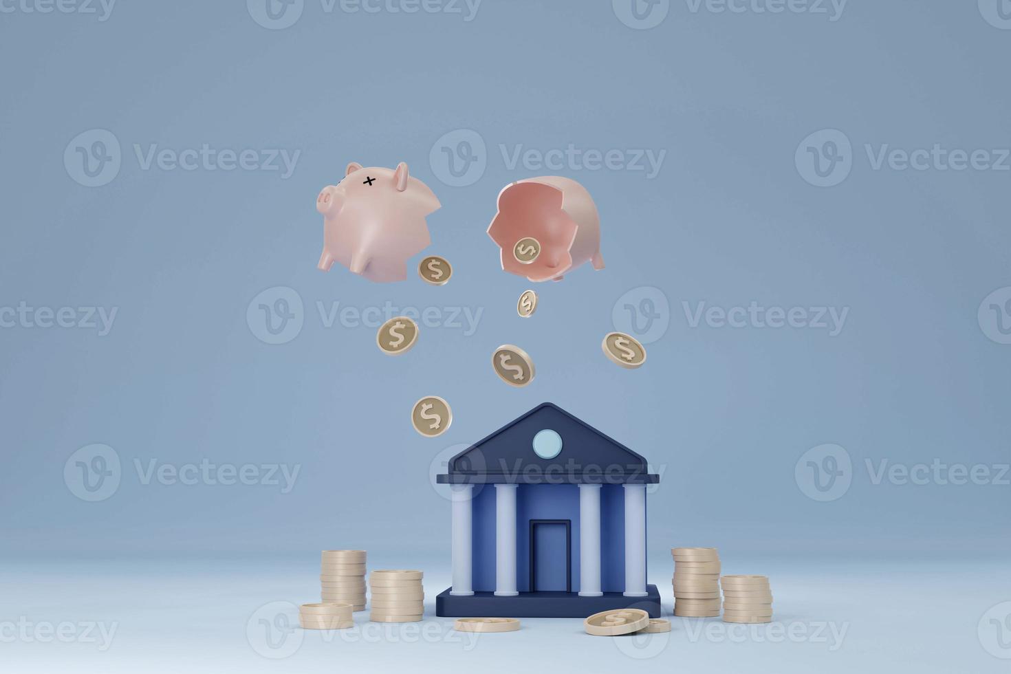 edificio de banco mínimo con monedas caídas de piggybank 3d renderizar ilustración foto