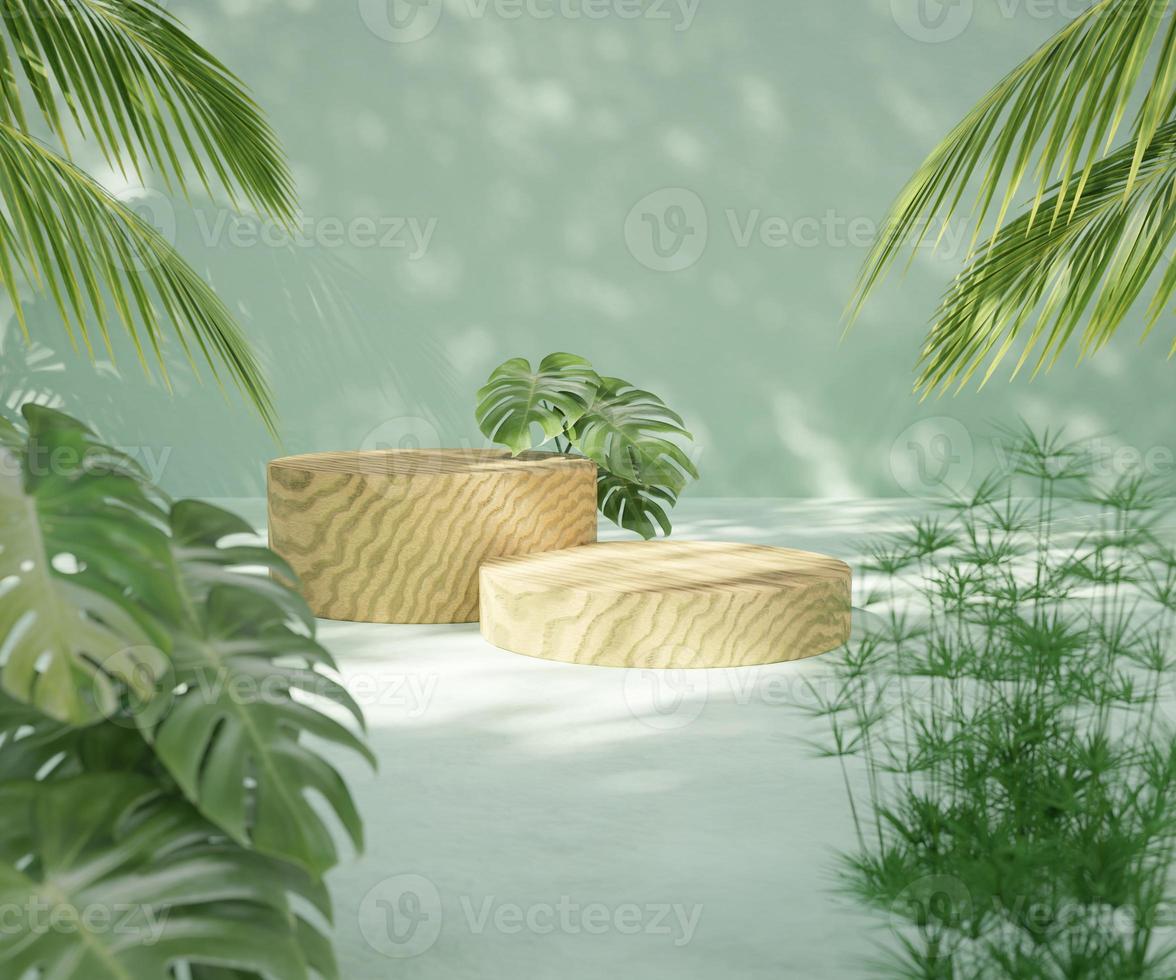 Mockup wooden platform on with green natural trees 3D render illustration photo