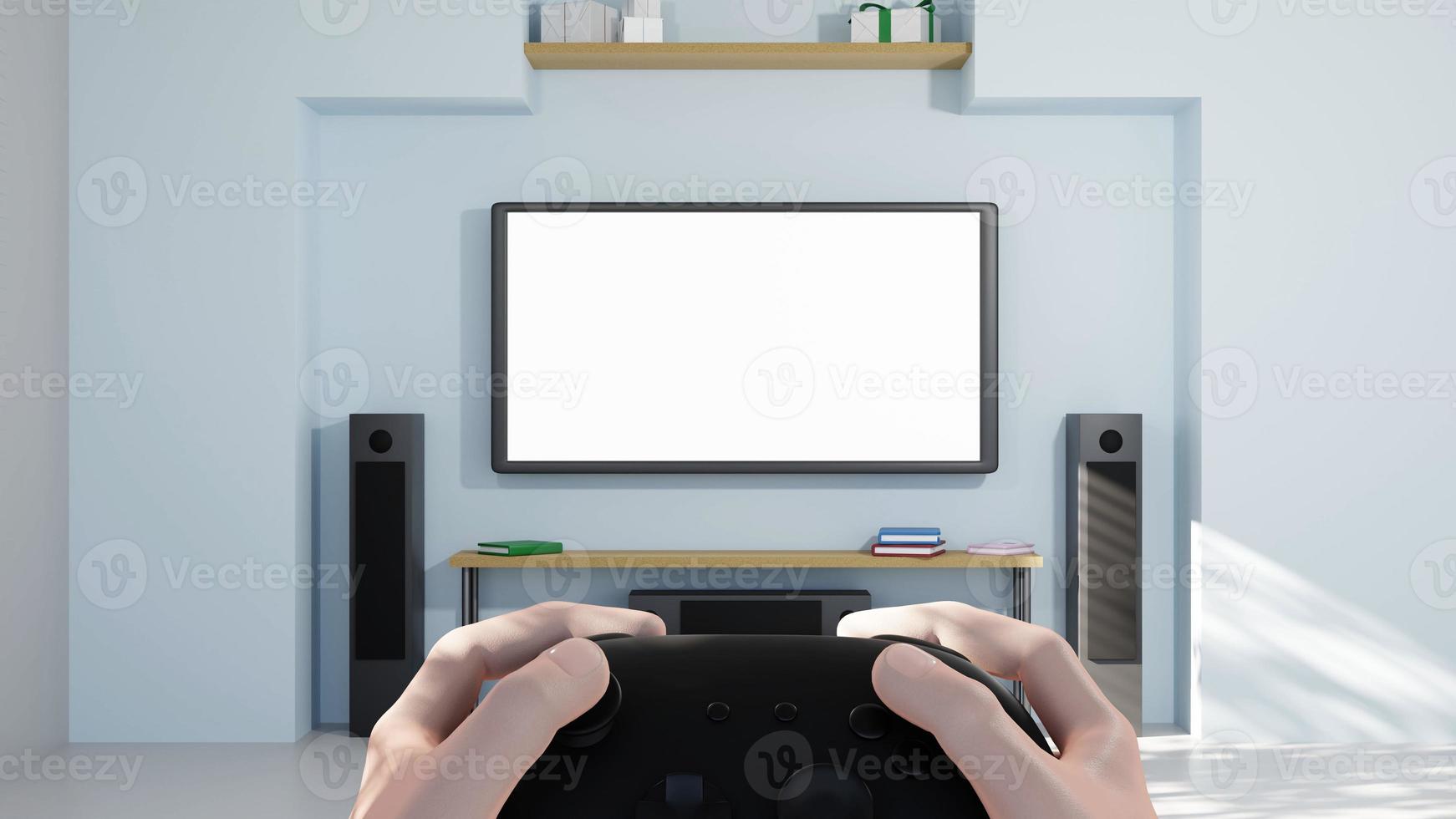 controlador de juego de mano con televisión en la habitación 3d renderizar ilustración foto