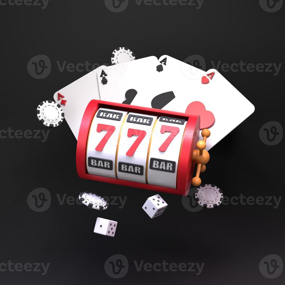 Slot machine casino element with winning combination and cards. Render in 3D. photo