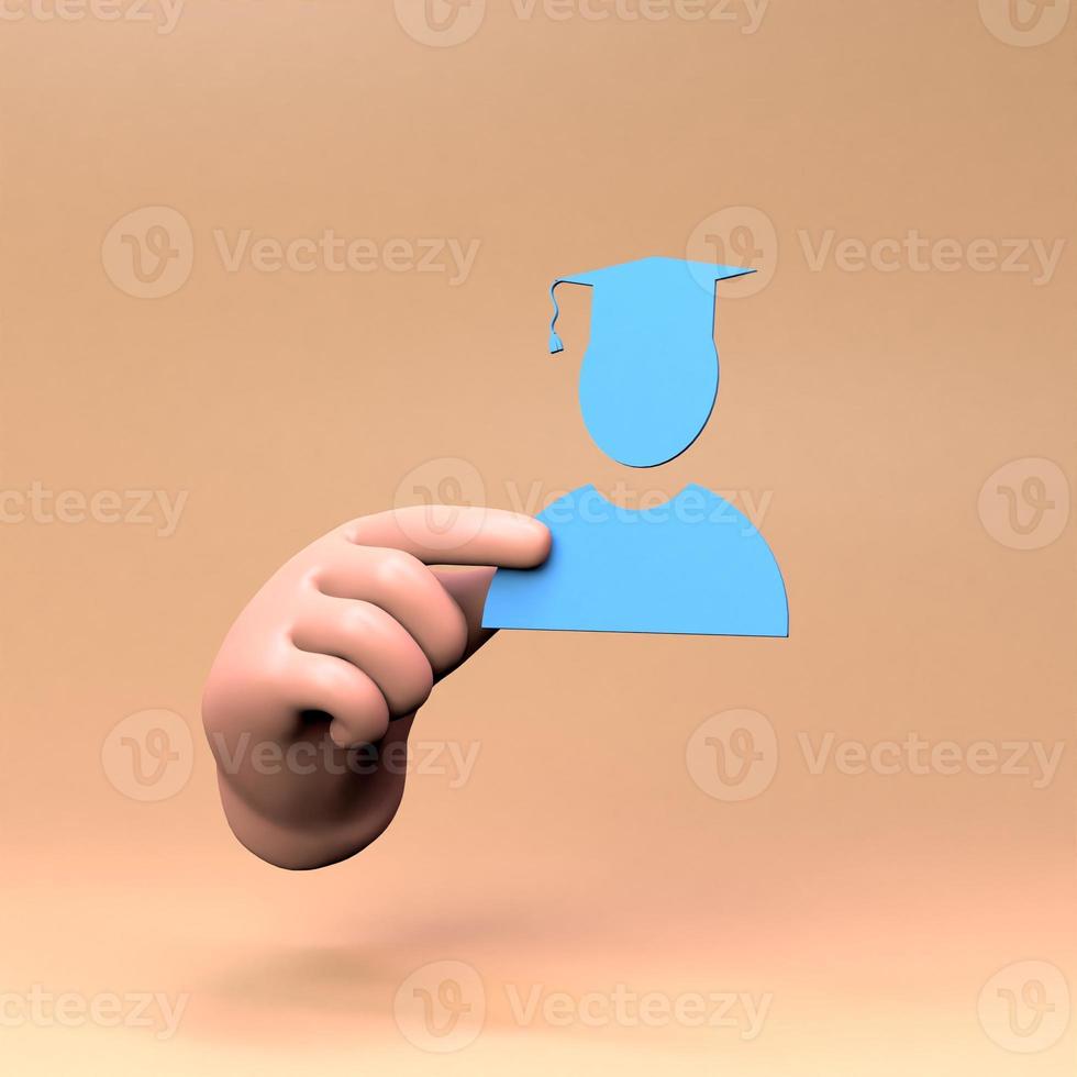 Hand holding a student icon. 3d render illustration. photo