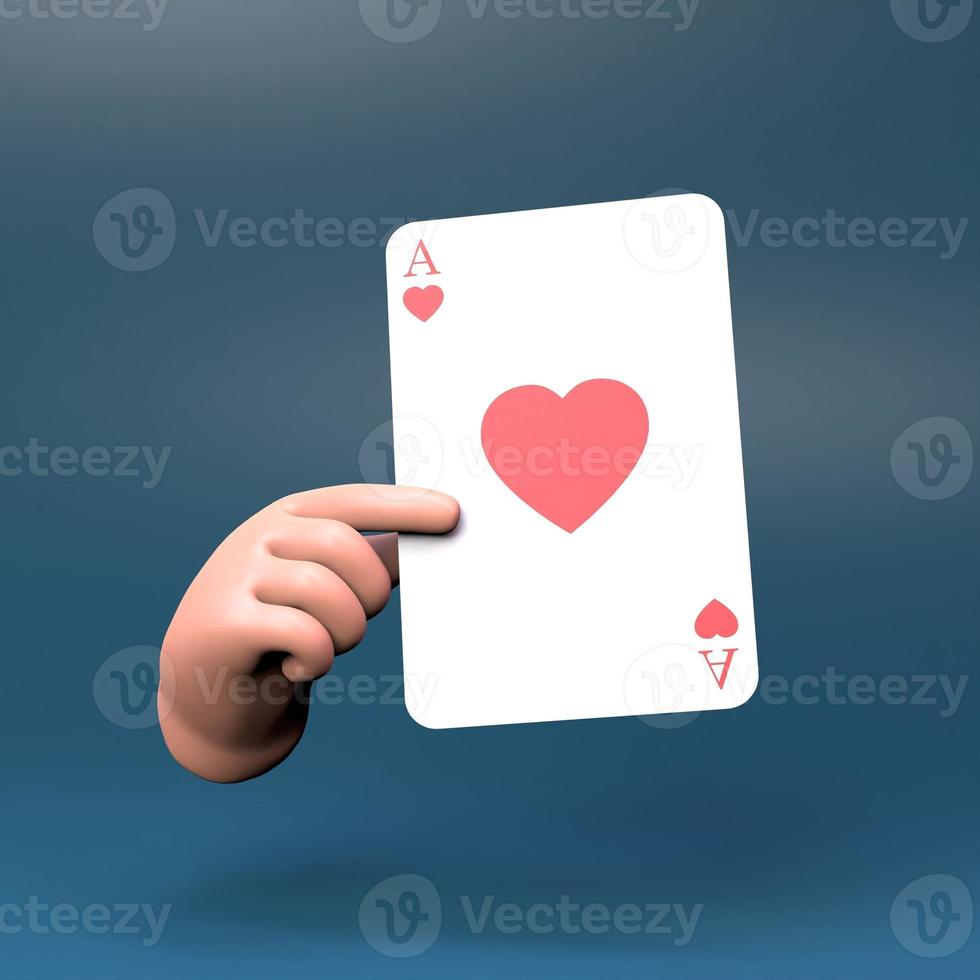 The hand holds a card with the suit of hearts. Casino element. 3d render illustration. photo