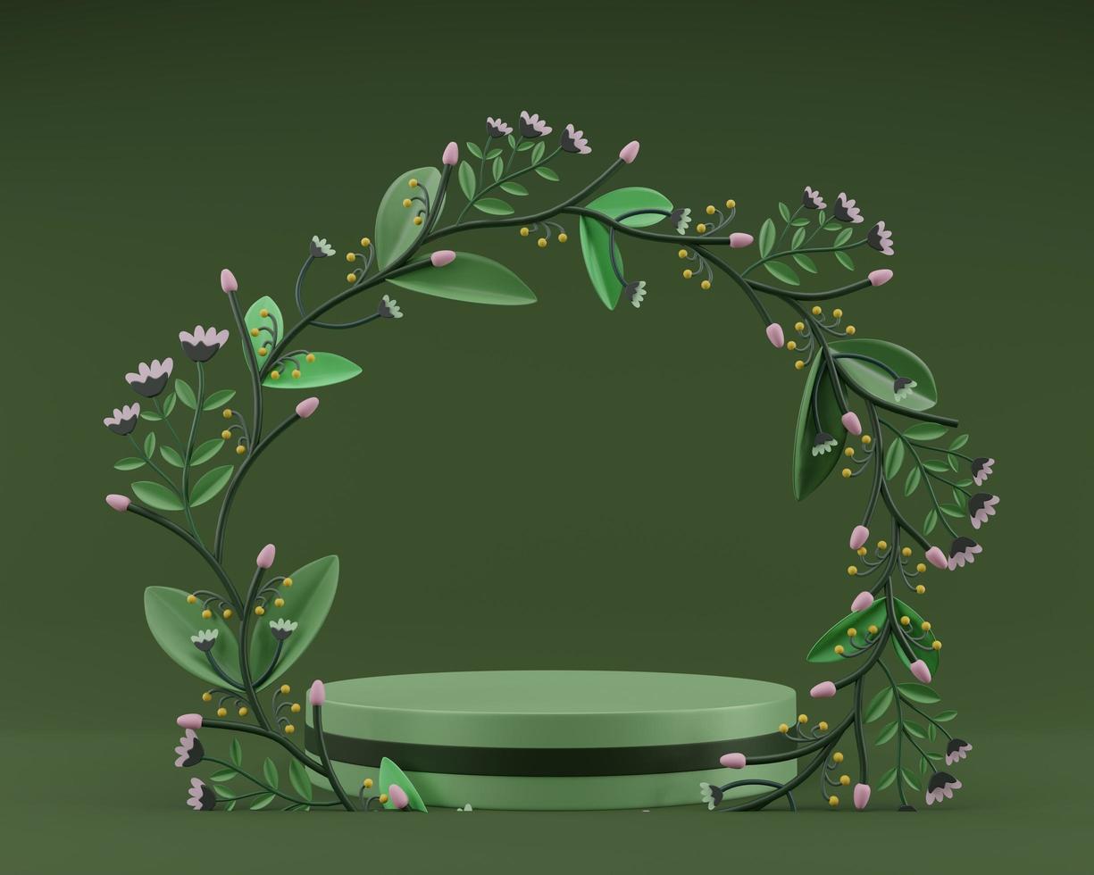 fondo de maqueta de plataforma de podio de renderizado 3d realista con flores de corona floral, anillo de círculo de hoja verde de ramo fondo verde botánico, corona redonda, tarjeta de felicitación en blanco ilustración 3d. foto