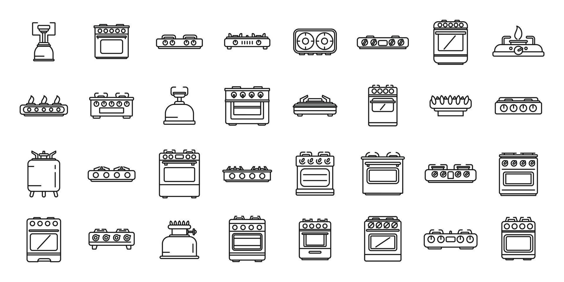 Burning gas stove icons set outline vector. Kitchen cooking vector