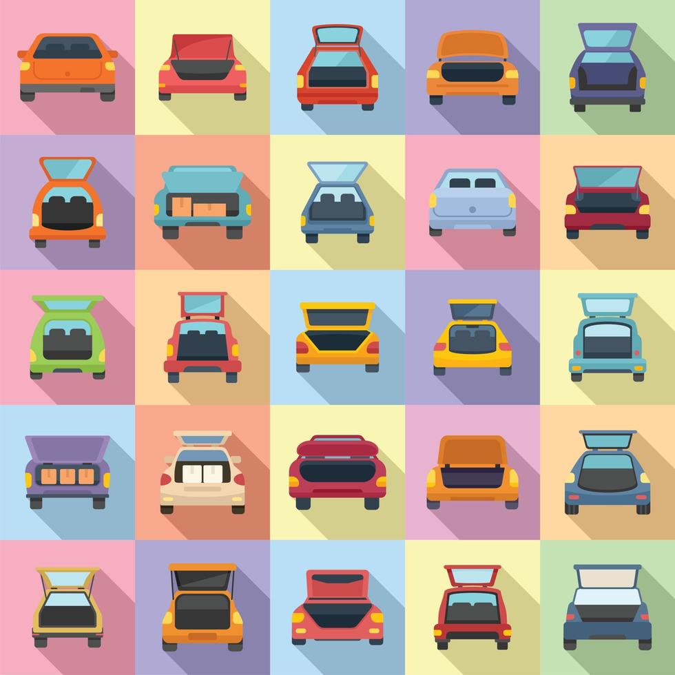 Trunk car icons set flat vector. Sedan bag vector