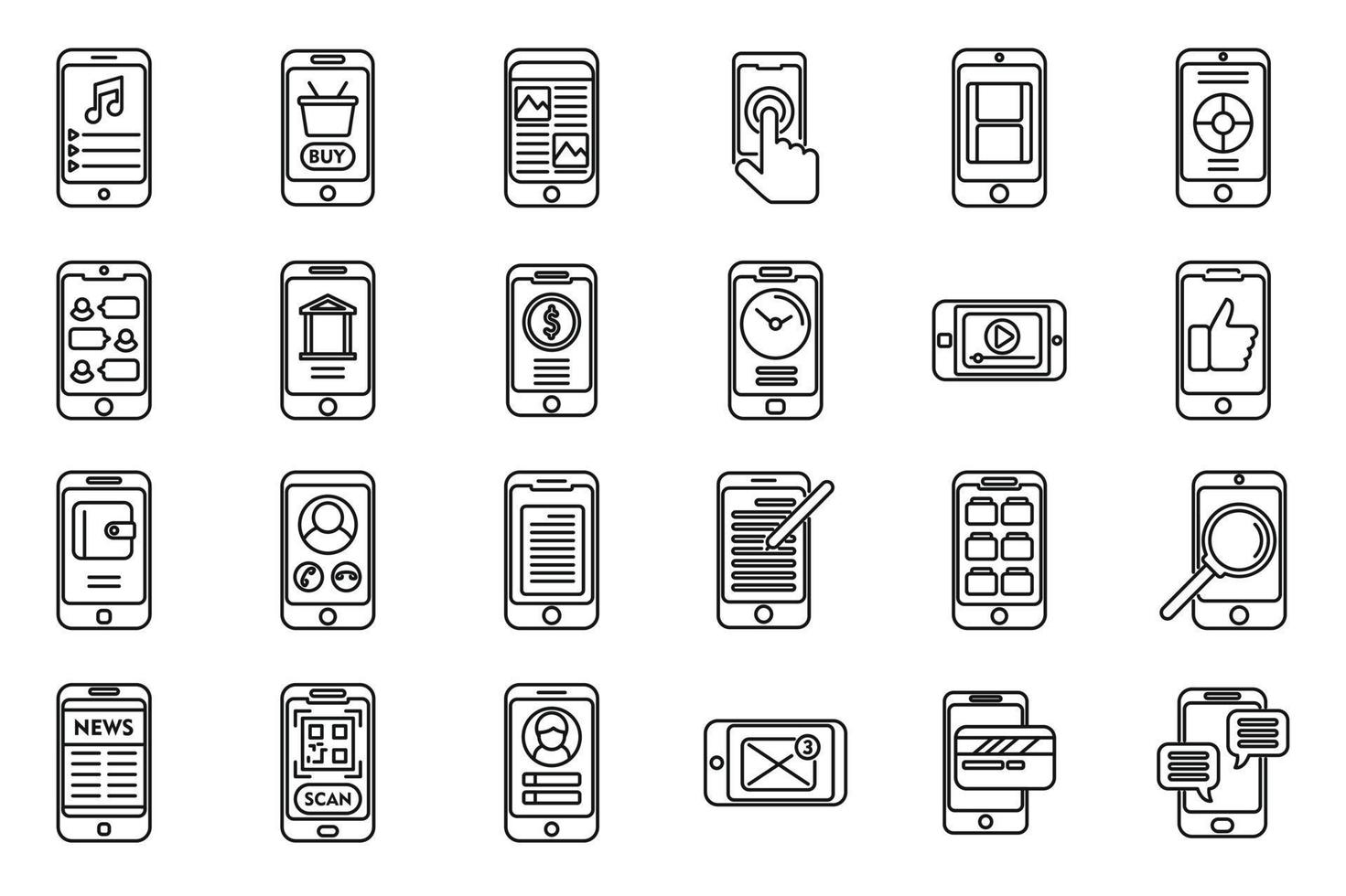 usando iconos de teléfonos inteligentes establecer vector de contorno. adicción a la aplicación