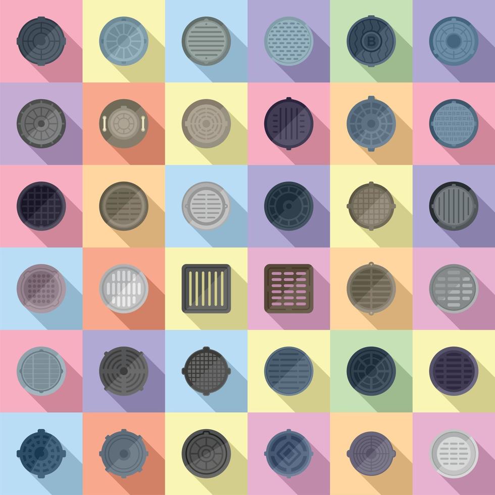 Manhole icons set flat vector. Canalization cap vector