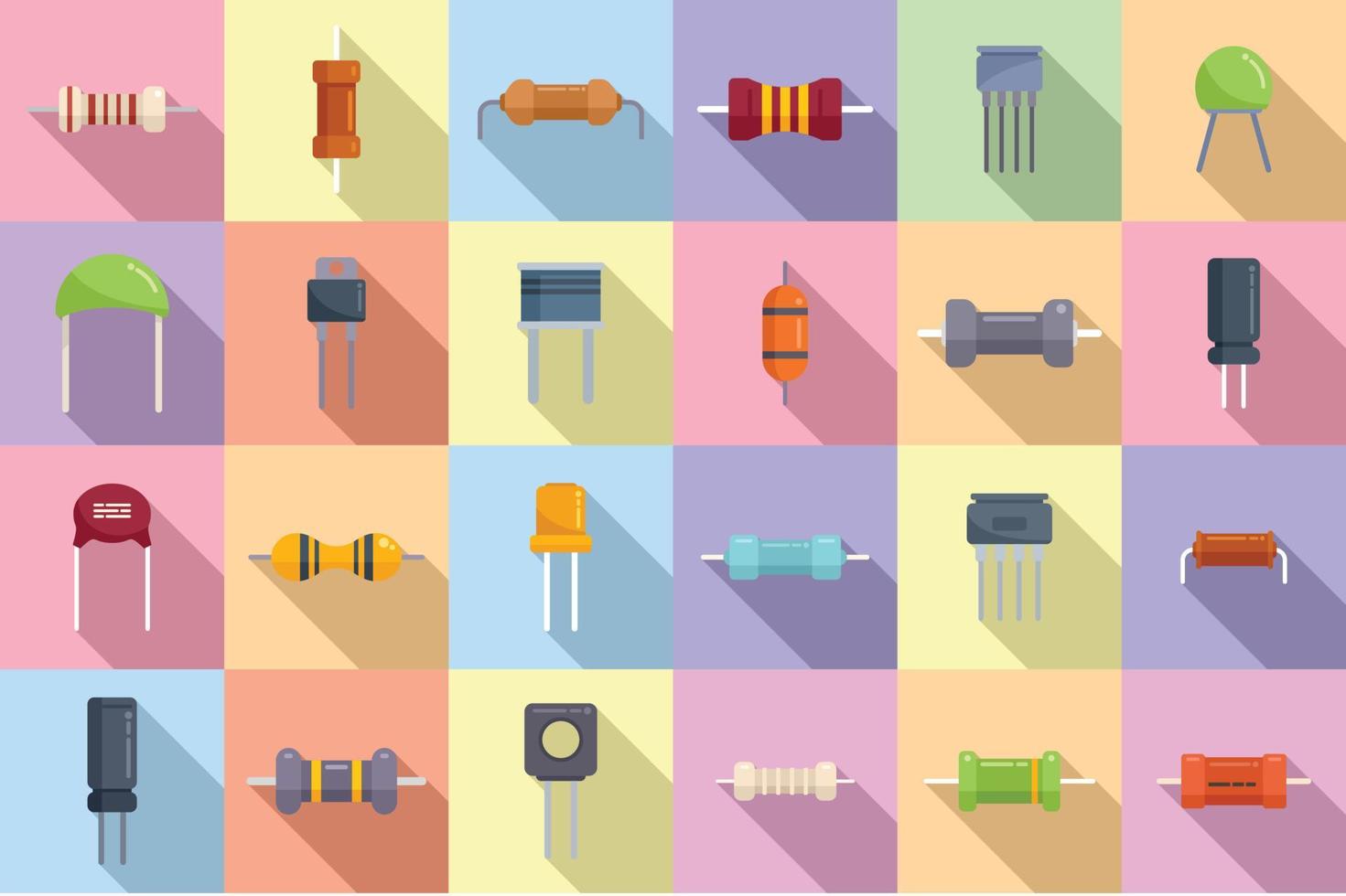 Resistor icons set flat vector. Capacitor chip vector