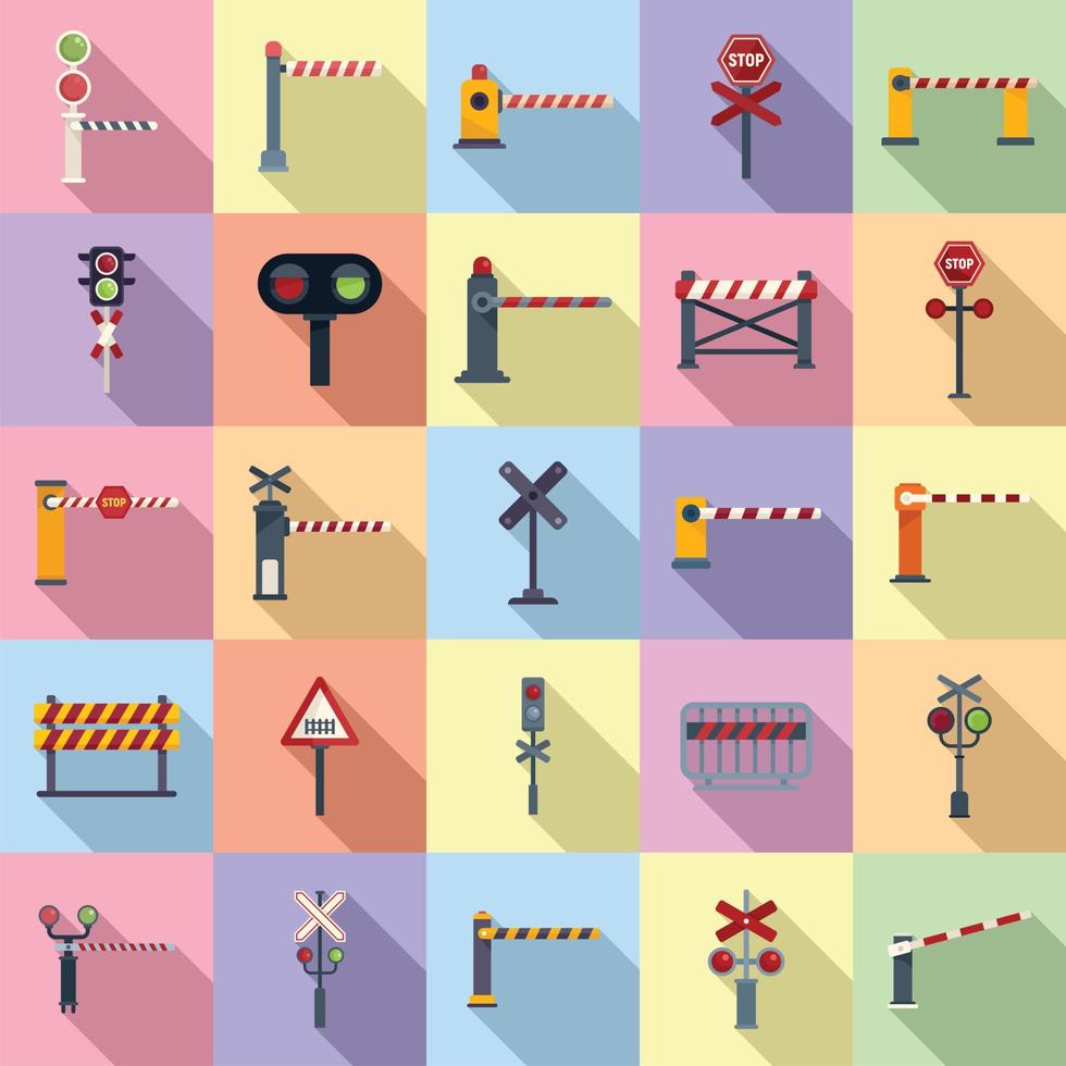 Railroad barrier icons set flat vector. Crossing railway vector