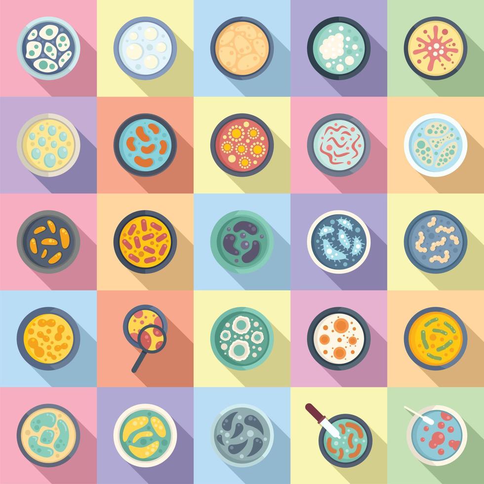 Petri dish icons set flat vector. Bacteria experiment vector
