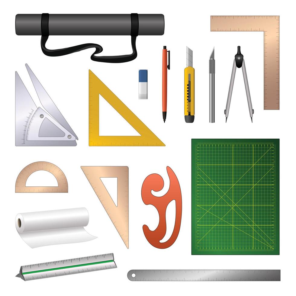 Architect equipment icons set cartoon vector. Residential architecture vector