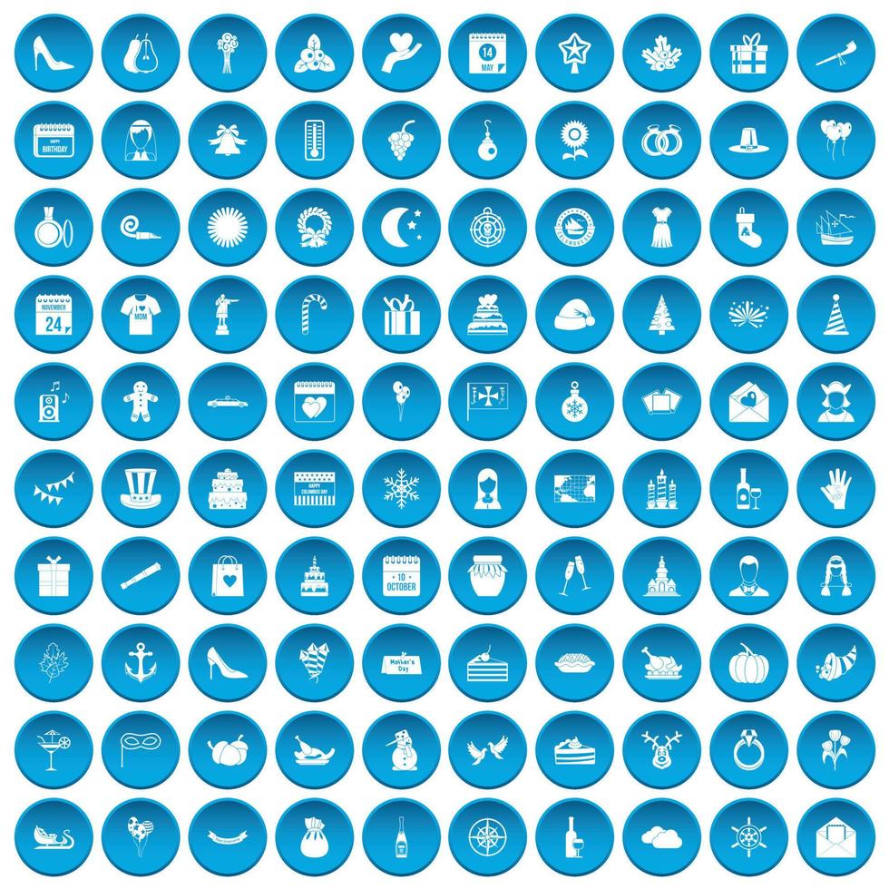 100 festive day icons set blue vector