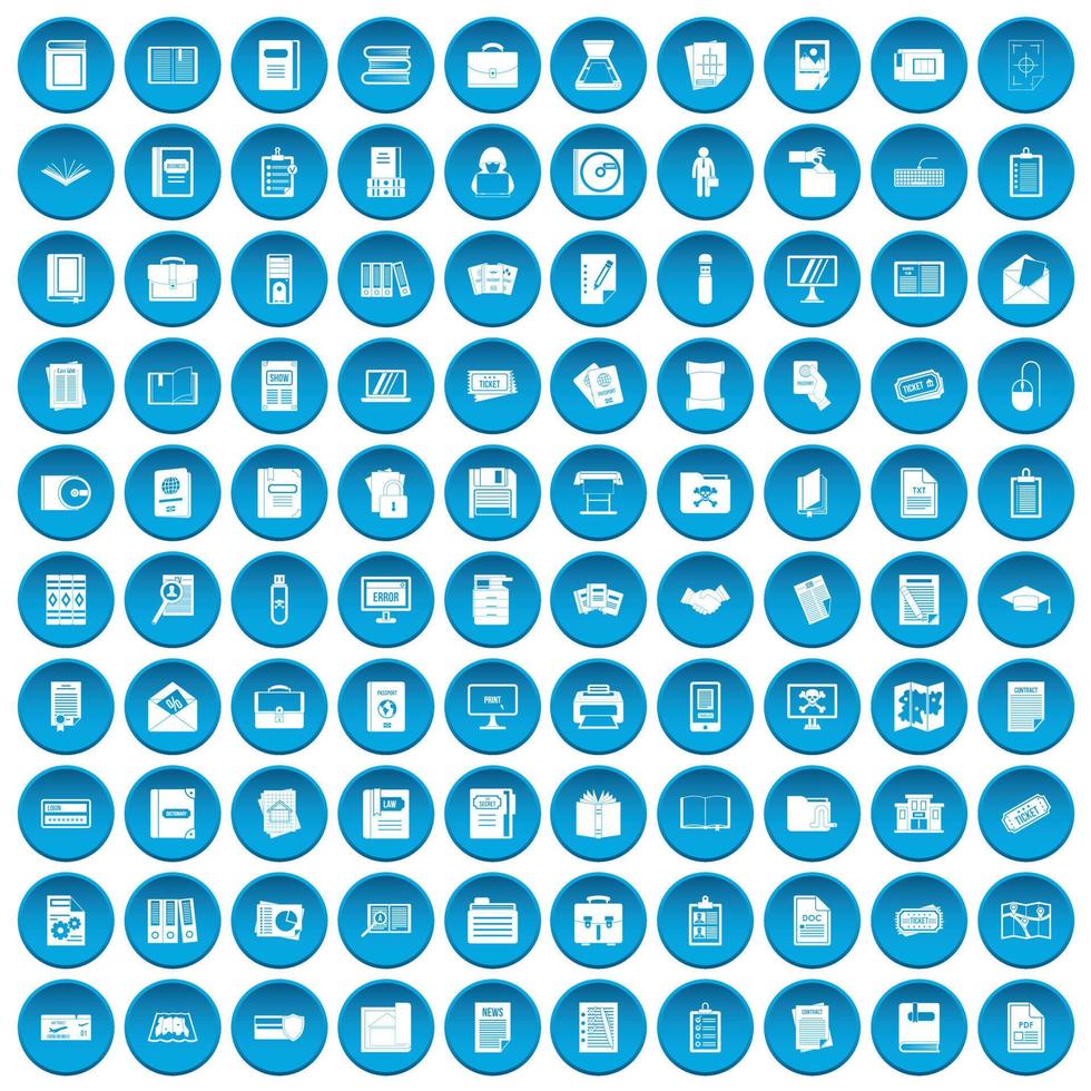 100 document icons set blue vector