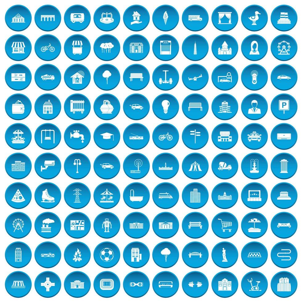 100 urban icons set blue vector