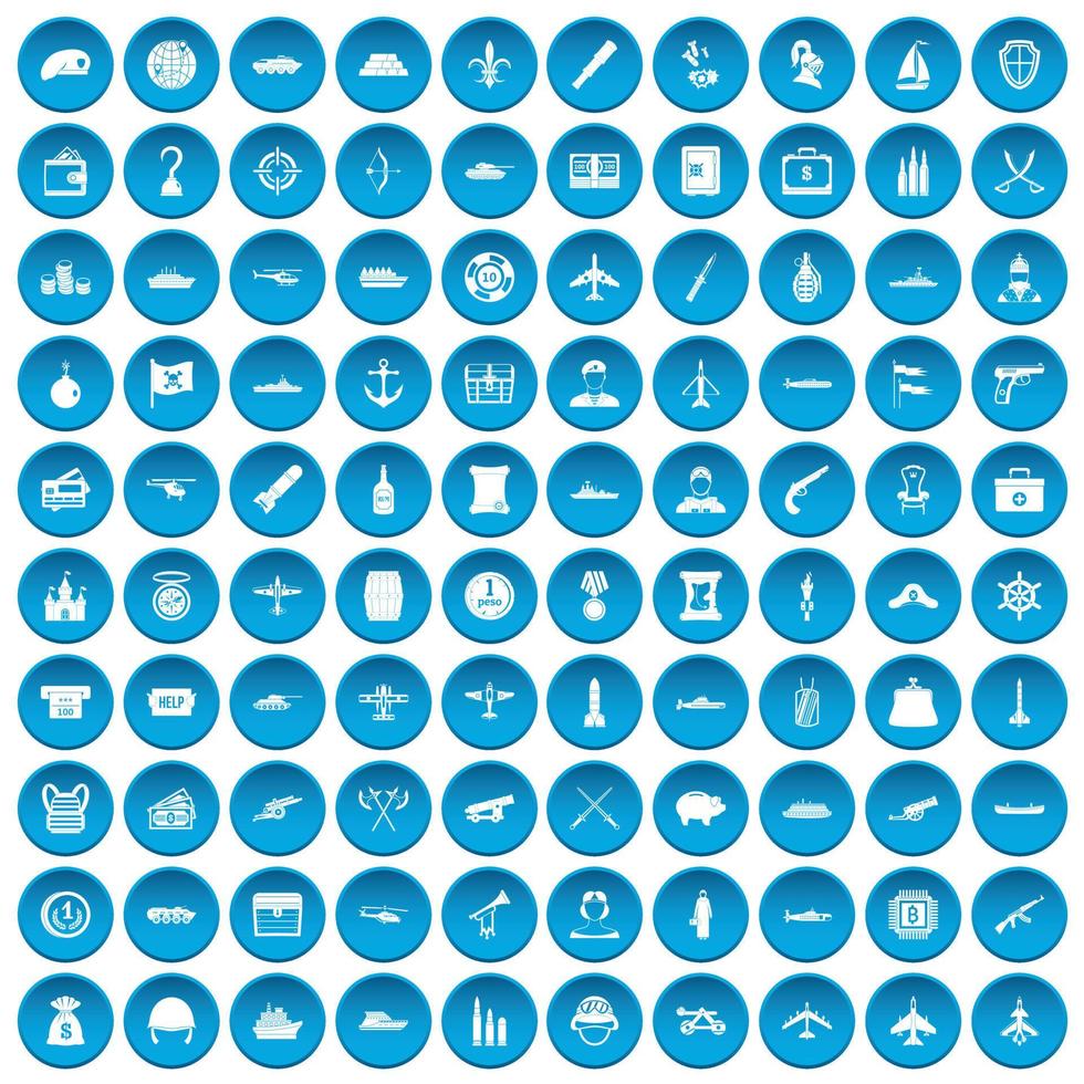 100 iconos de vehículos de combate conjunto azul vector