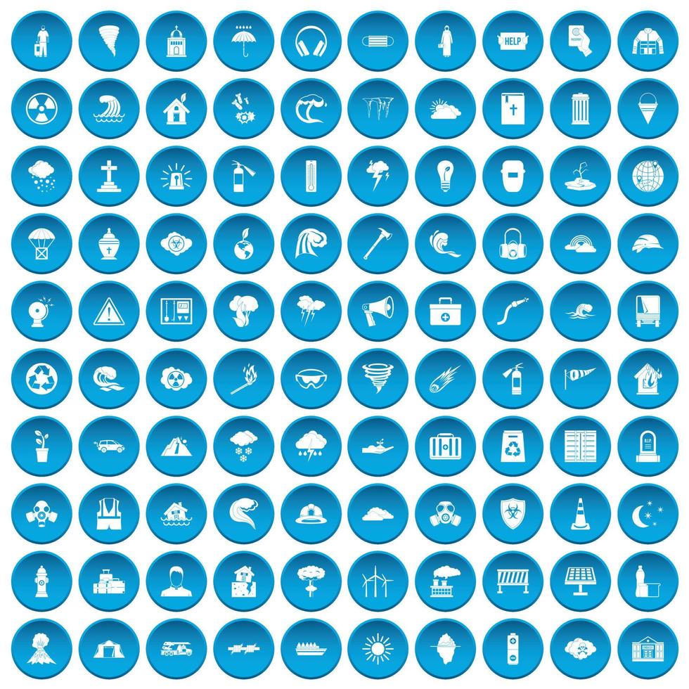 100 disaster icons set blue vector