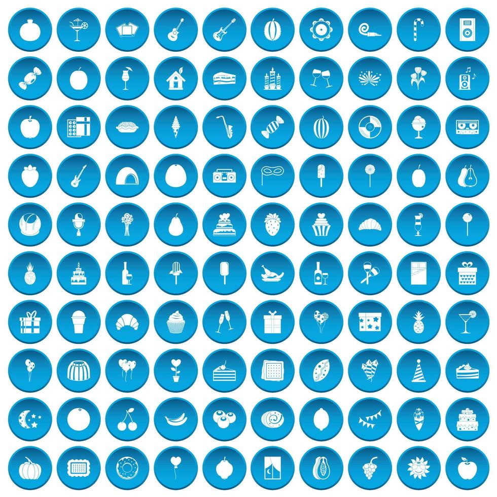 100 fruit party icons set blue vector