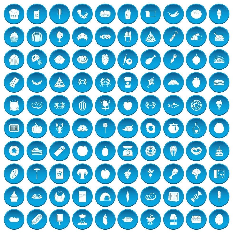 100 iconos de comida favorita conjunto azul vector