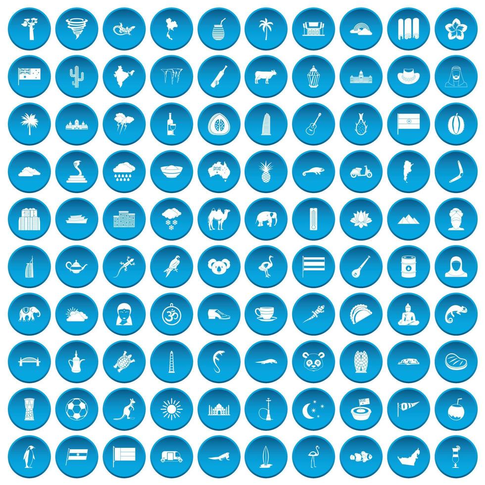 100 exotic animals icons set blue vector