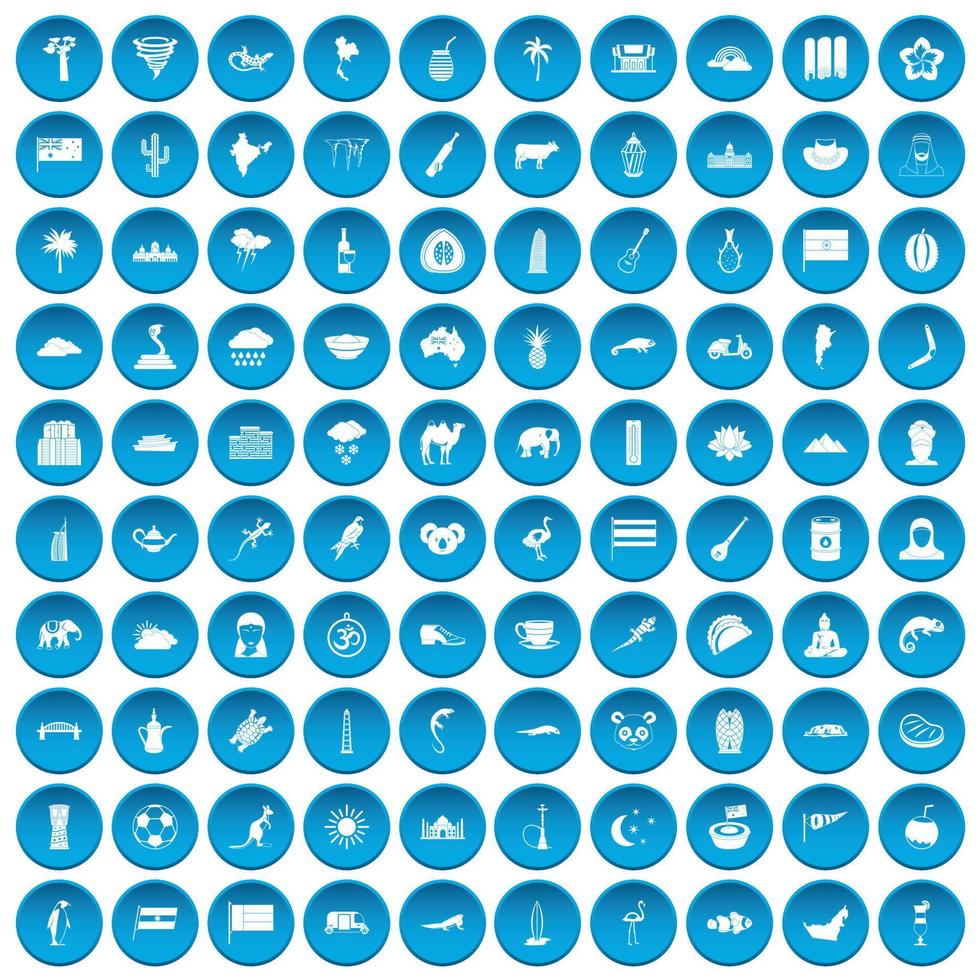 100 animales exóticos iconos conjunto azul vector