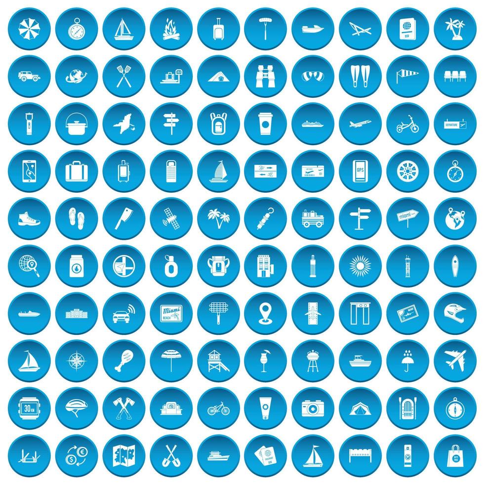 100 journey icons set blue vector